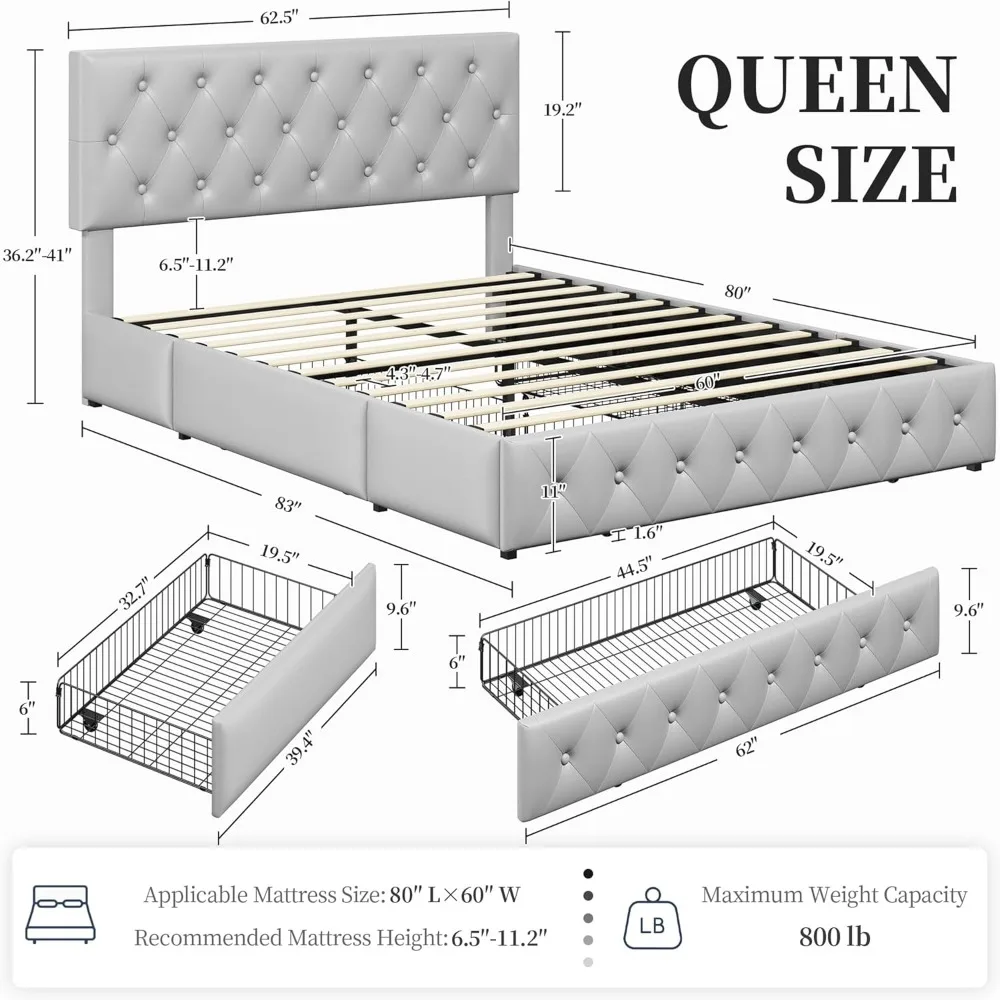 Yaheetech Queen Bed Frame with Adjustable Diamond Button-Tufted Headboard/3 Drawers Storage, Queen Platform Bed/Strong Wooden Sl 2