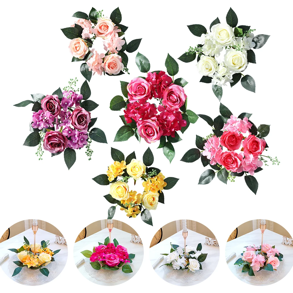 

23cm Candlestick Garland Wreath Artificial Rose Candle Holder Flower Ring Home Party New Year Xmas Wedding Dinner Table Decor