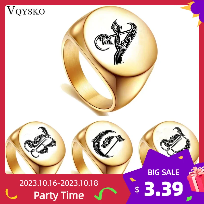 AZLetterGoldColorCustomizeRingForMenStainlessSteelInitials