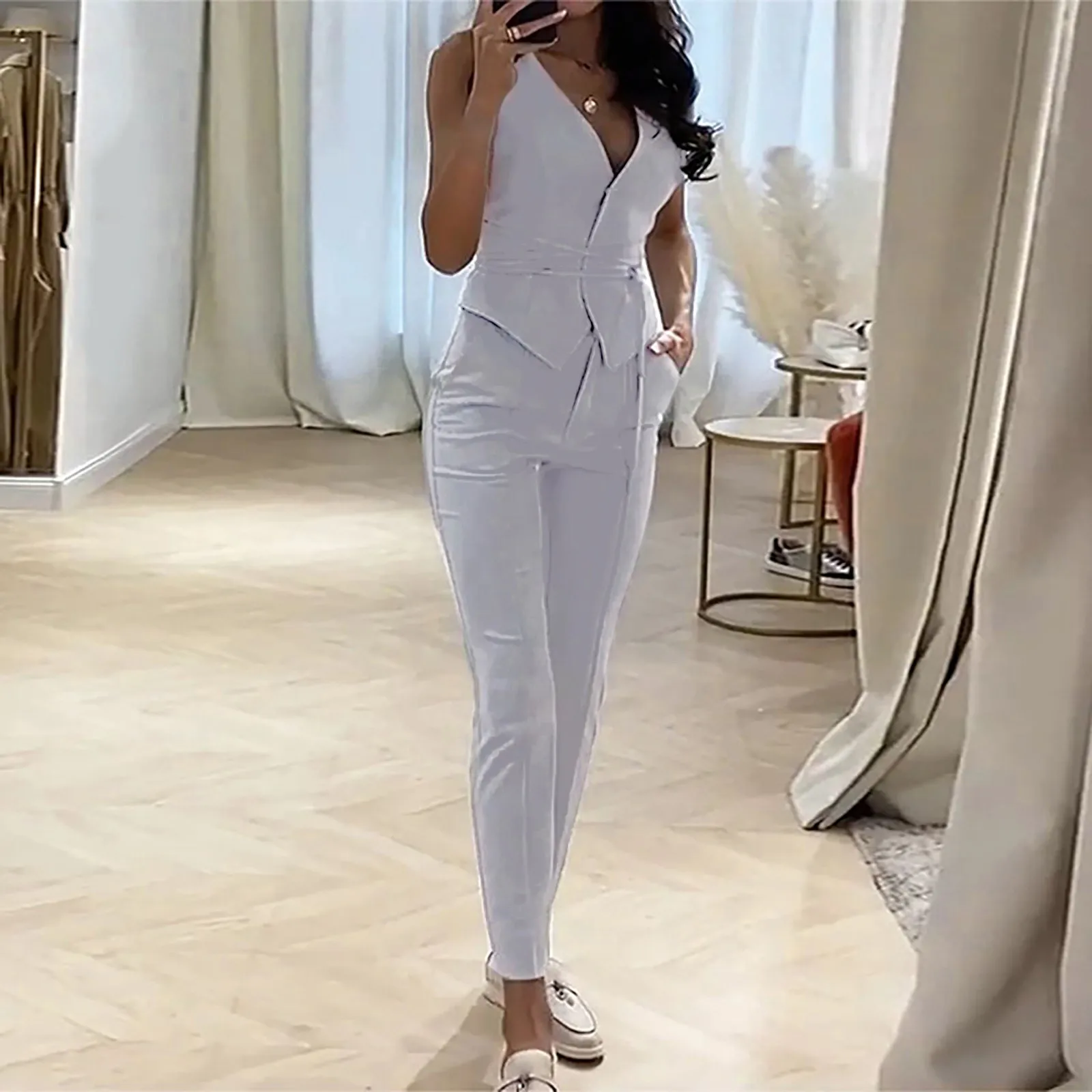 

Summer Women's Trouser Suit Two Piece Sleeveless Jacket Pants Sets With Belt Elegant Business Slim Fit Office Formal Outfits