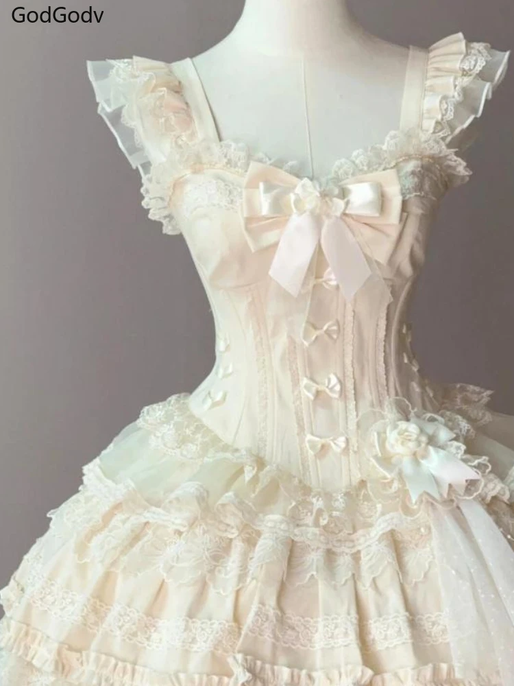 Japanese Princess Lolita Party Dress Y2k Chic Bow Vintage Slim Flower Lace Outfits Summer