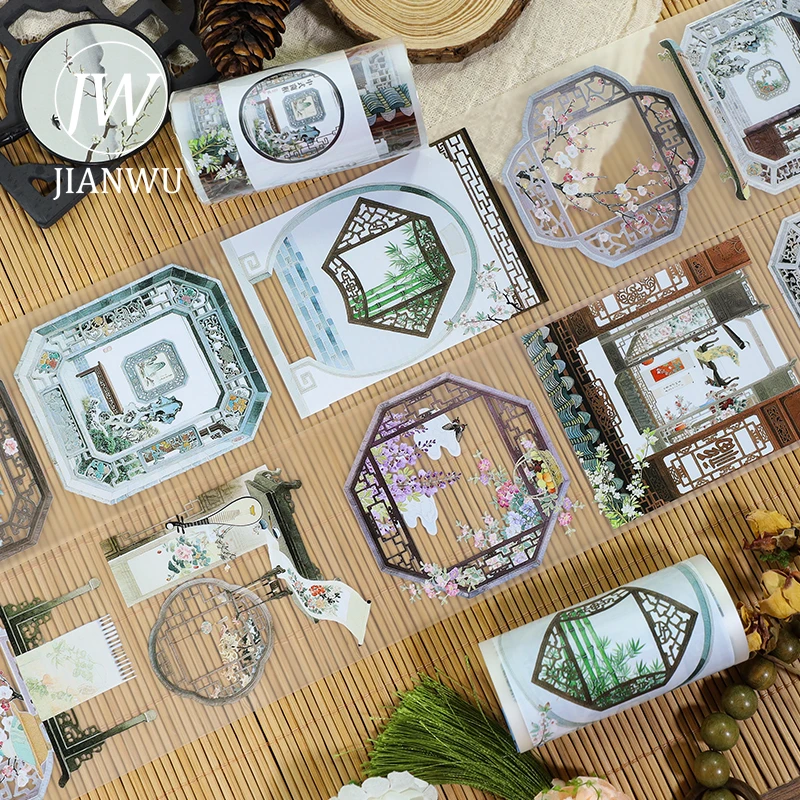 JIANWU 80mm*200cm 빈티지 꽃 창 풍경 소재 콜라주 스크랩북 PET 테이프 창의적인 DIY 저널 문구류