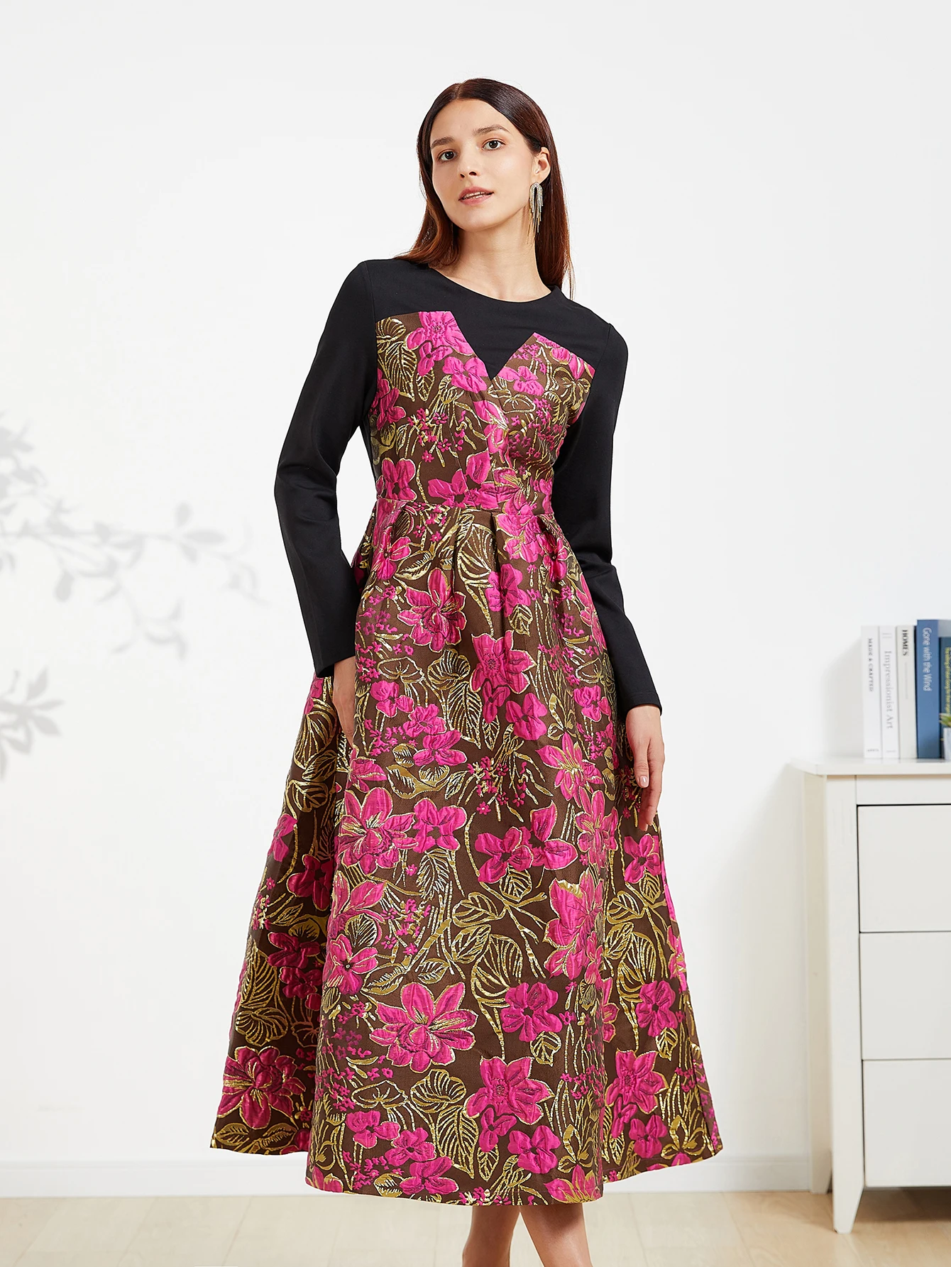 DEVCHATA Qualität Vintage Damen Jacquard Kleid Neue elegante Abendkleider gespleißt ​ ​ Langes Ballkleid mit Blumenmuster für Frühling und Herbst – Detail 2