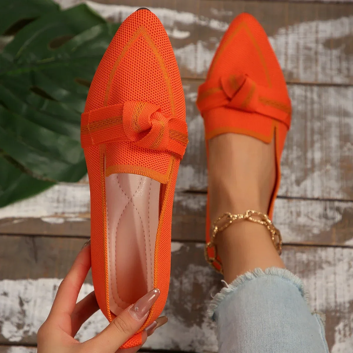 Women Shoes Flats Sneakers Knitted Slip Breathable Comfortable Solid Color Casual Pointed Toe Walking Loafers
