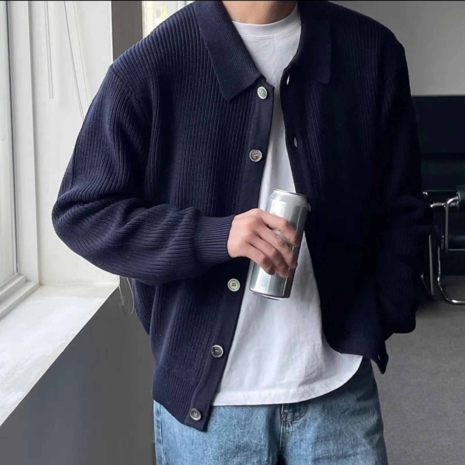 Knitted Sweater Coat Fall Winter Men's Sweaters Loose Turn-down Collar Single-breasted Cardigan Long Sleeves Knitted Coats