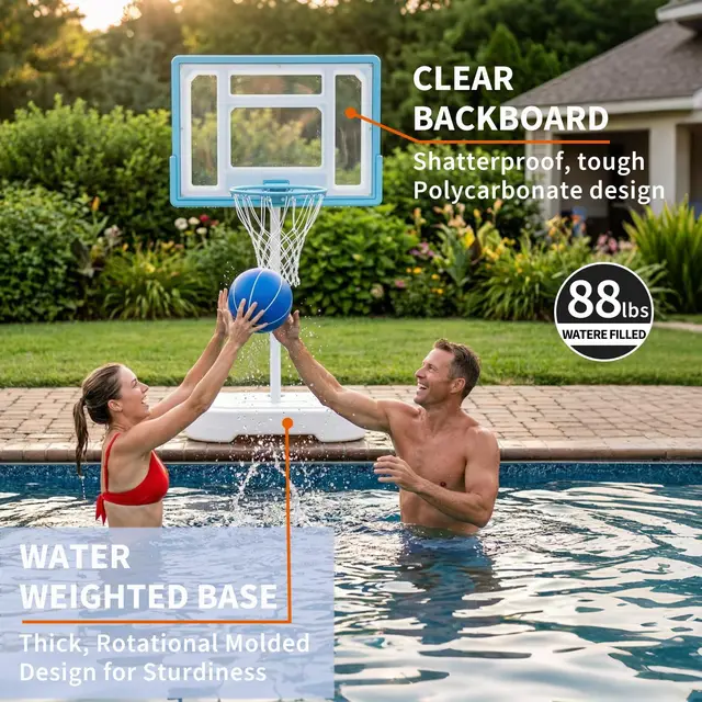 20014-58f22c.jpg Outdoor Poolside Basketball Hoop, Adjustable Height, Stainless Steel, 32'' Shatterproof Backboard, 2 Balls & Pump