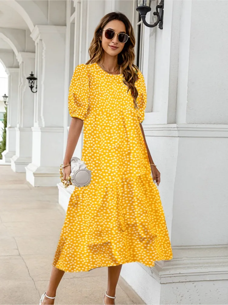 2025 Summer New Women's Print Dress Puff Short Sleeves Ruffles Loose A-line Midi Dresses Fashion Casual Beach Vacation Vestidos