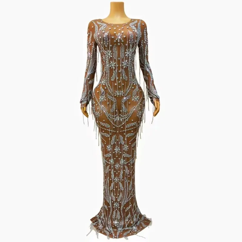 

Женское длинное платье, Сетчатое коричневое драгоценное оформление, модное сексуальное тонкое прозрачное сценическое вечернее платье, костюм