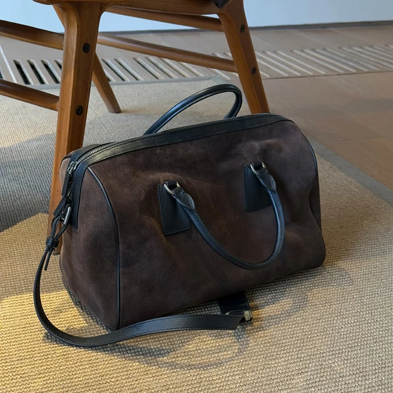 2025 New Retro Matte Faux Suede Boston Handbag Large Capacity Single-shoulder Bag Women's Daily Commuter Tote Bag Autumn Winter