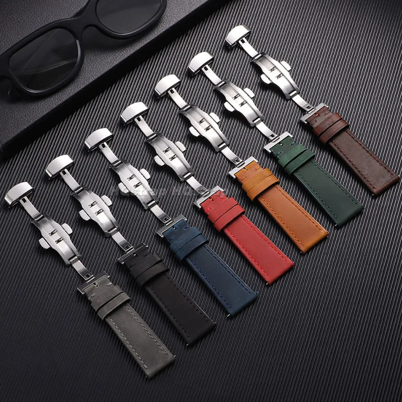 Elegant Vintage Cowhide Leather Watch Strap with Deployment Buckle - Business Style Wristband