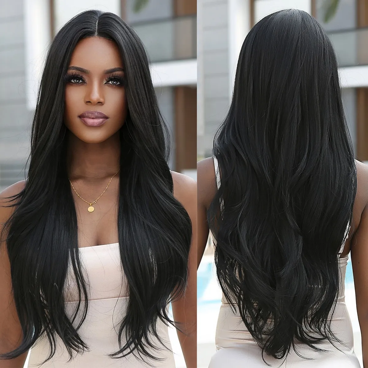 

Long Dark Hairline Lace Synthetic Wigs Natural Wavy Black Middle Part Hairs Wig for Women Daily Cosplay Heat Resistant Fiber