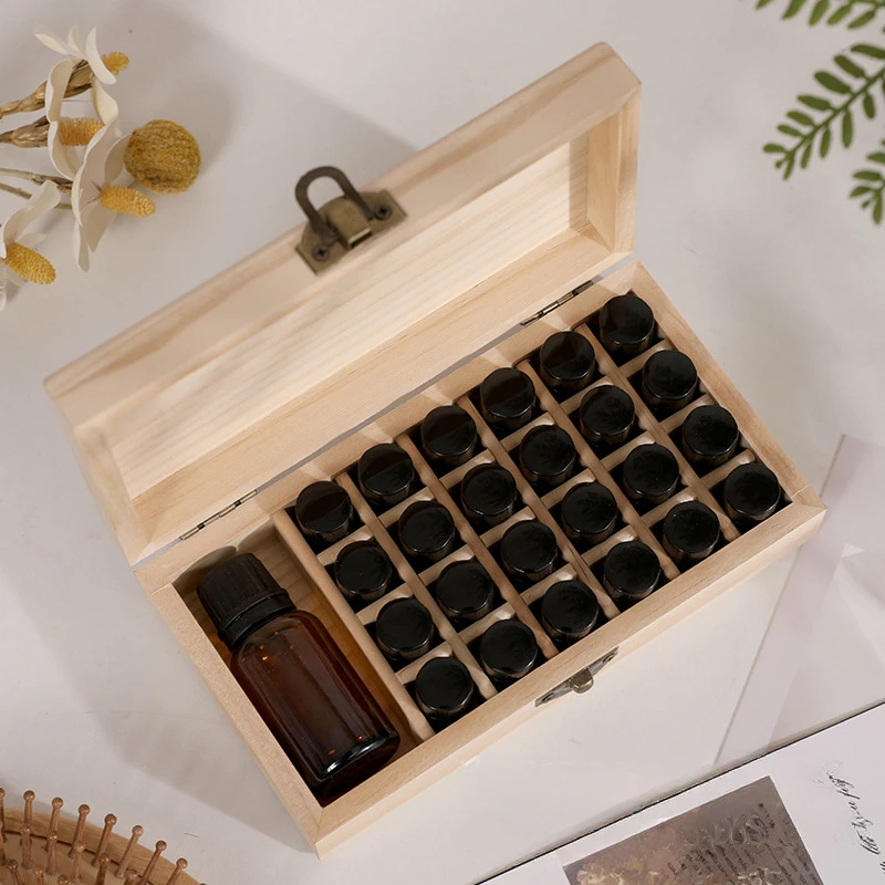 Essential Oil Box Large Capacity Pure Solid Wood 25 Grid Essential Oil storage box 15 Ml