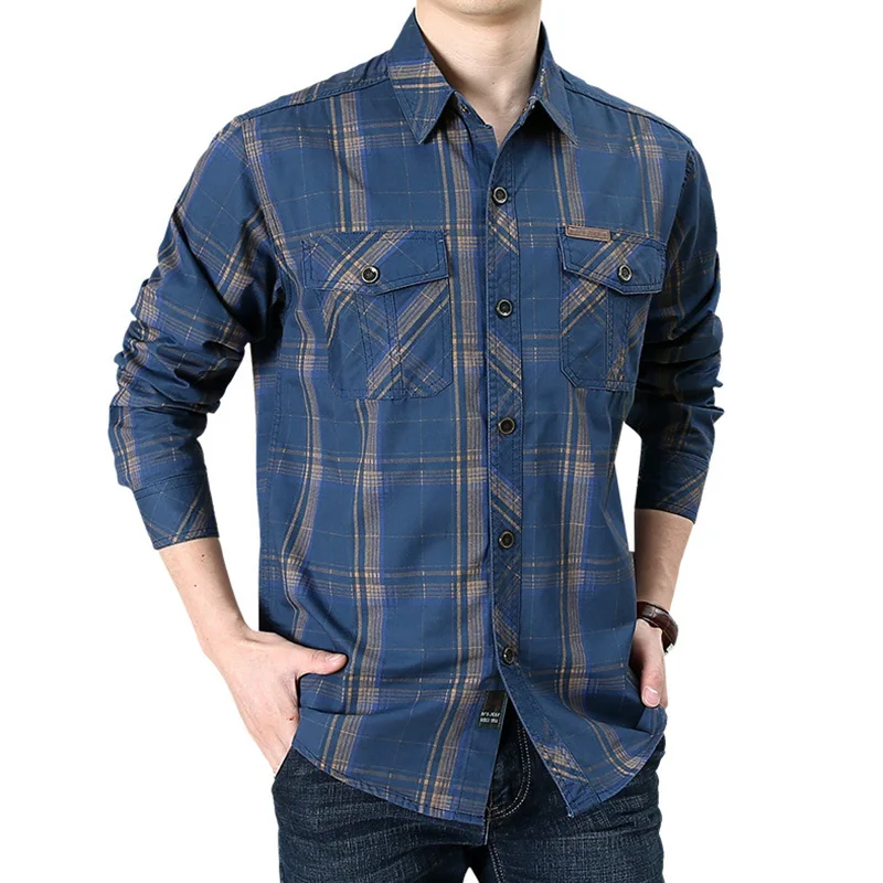 Mens long sleeve shirts Men's Autumn Plaid Striped Long-sleeved Shirts Casual Button Down Quick Dry Cargo Outdoor Hiking Safari Work Shirts