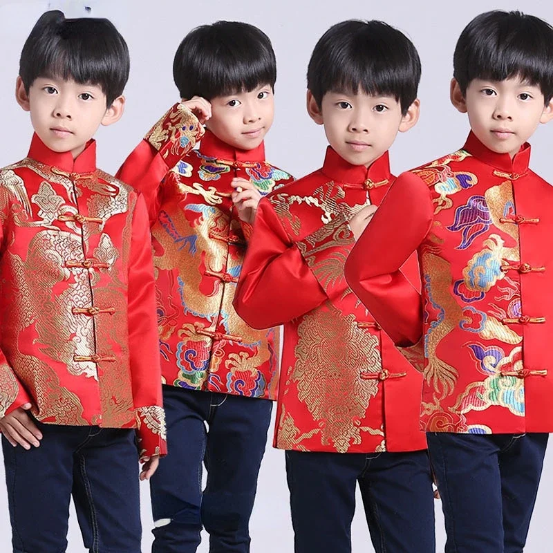 Tang Suit Red Traditional Chinese Clothing for Men Kids Boy Hanfu Top New Year Outfit Dragon Print Coat Ancient Jacket for Child
