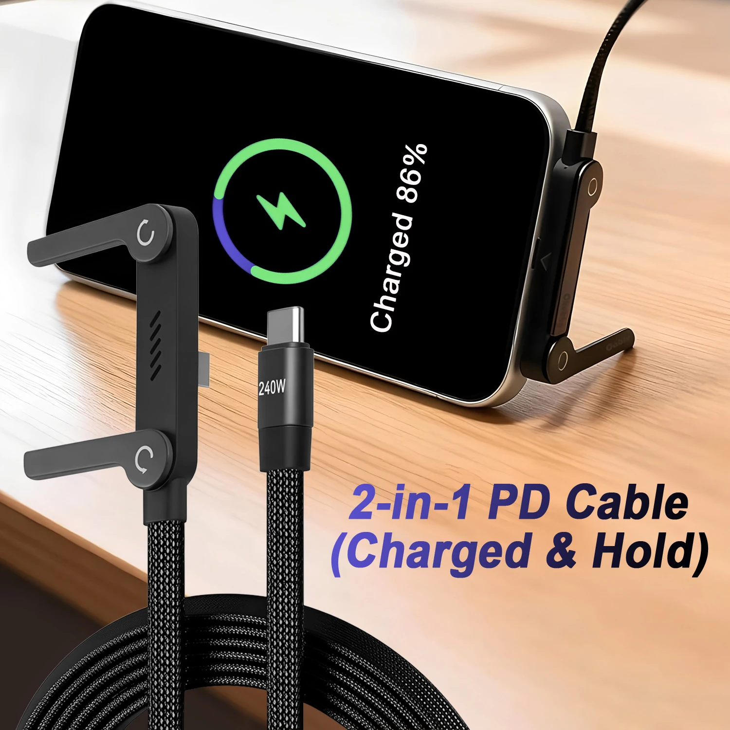 Câble de Type C 2 en 1, support de téléphone portable pliable, câble de données de Charge rapide 240W, support de Charge de téléphone multifonction, double câble PD