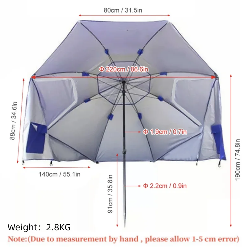 Portable Beach Umbrella Tent Folding Sun And Rain Canopy Umbrella For Fishing Camping Park Beach Sports 2.4M Large