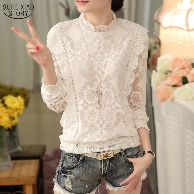 New Arrival 2025 Autumn Women Blouses Long Sleeve Fashion Casual Chiffon Shirts Stand Floral Lace Blouses Casaul Tops 07F 25