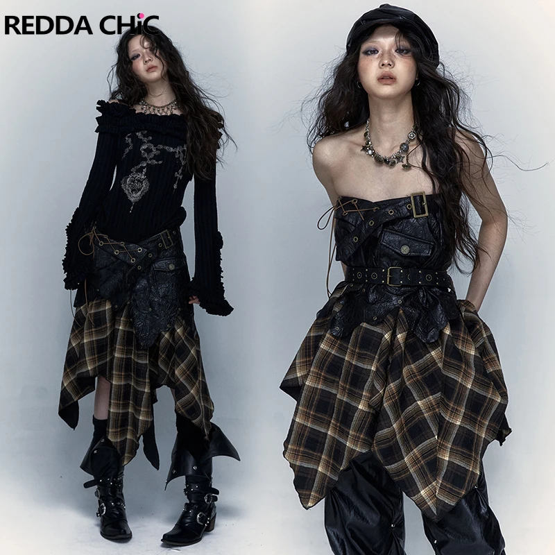 

REDDACHiC Steampunk Retro Plaid Spliced Leather Skirt Women Irregular Hemline Lace-up Belted Long Skirt One-piece Corset Dress