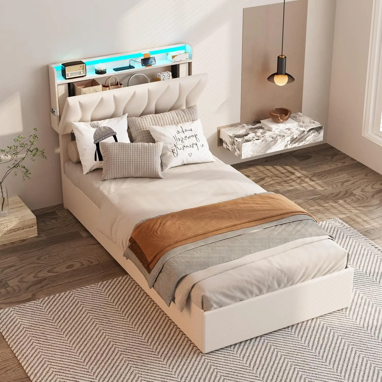 Twin Size Lift Up Storage Bed Frame with Adjustable Headboard, Charging Station, LED Lights, Wood Slats, Noise-Free