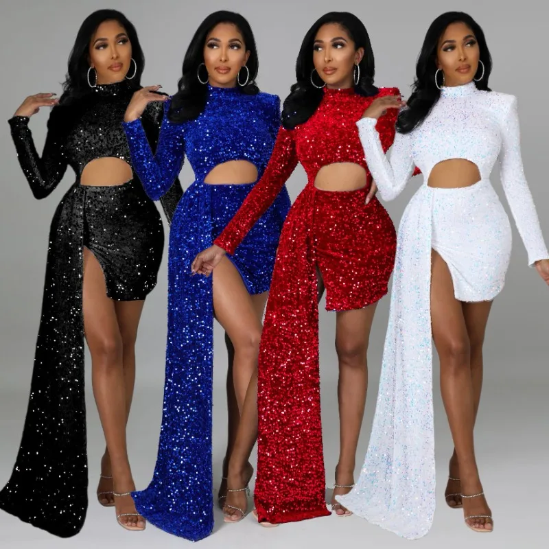 

Sequin Hollow Out Mini Dress Party Evening Elegant 2023 Autumn Long Sleeve Shoulder Pad Split Vestidos Night Club Outfits