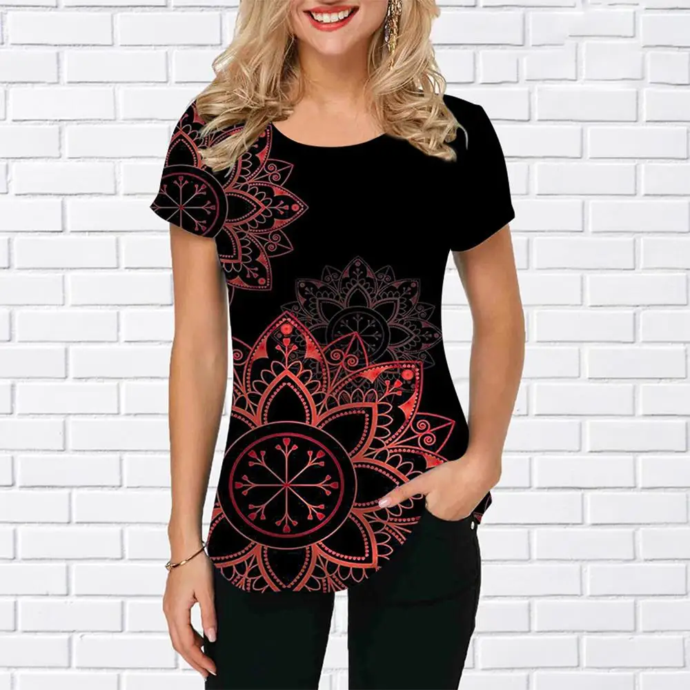 

2023 New Women's T-Shirts Mandala Print Women's Clothing Streetwear Short Sleeve Tops Ladies Tee Loose Oversized T-Shirts 6xl
