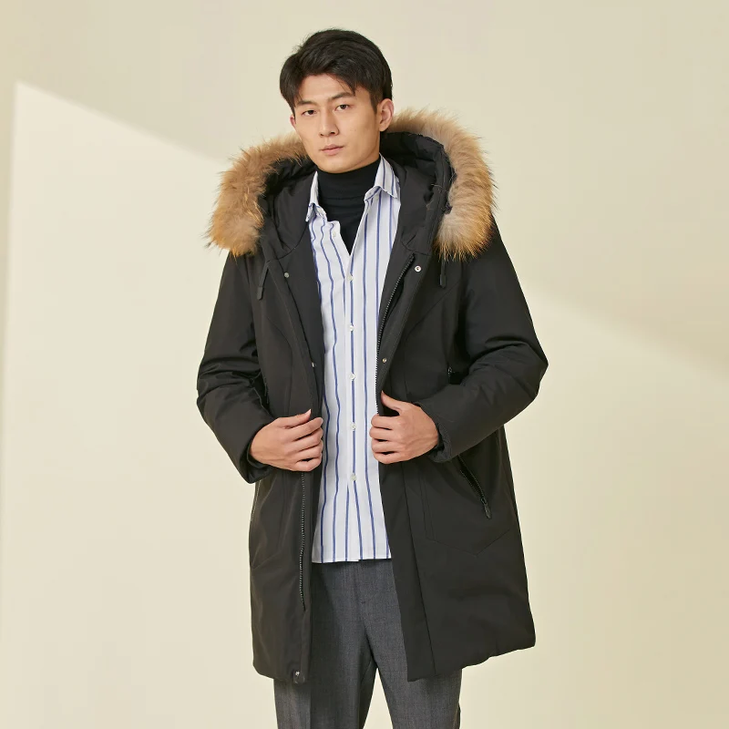 Chericom Men's Winter Hooded Down Jacket Fur Neck Duck Down Thickened Thermal Overcoat Business Casual Waterproof Jacket