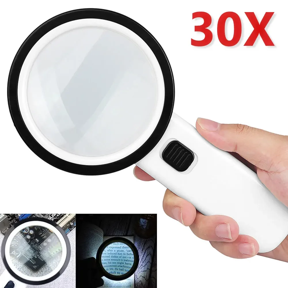 30X Handheld Illuminated Magnifying Glass with 12 LED Lights Reading Magnifier for Seniors Coins Insect Inspection Jewelry Loupe Magnifying Glass