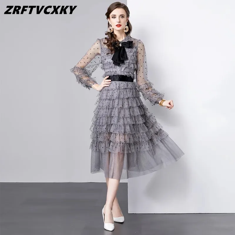 

Exquisite Bowknot Dot Print Mesh Long Dress For Women Elegant O-Neck Long Sleeve Slim Vestidos Spring Tiered Ruffle Cake Dress