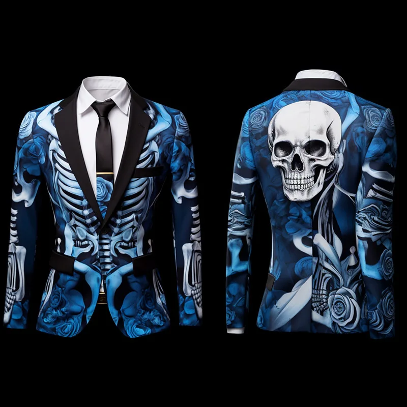 Men's digital printing Skeleton terror suit Cosplay party stage clothes nightclub performance coat Blazers Jacket