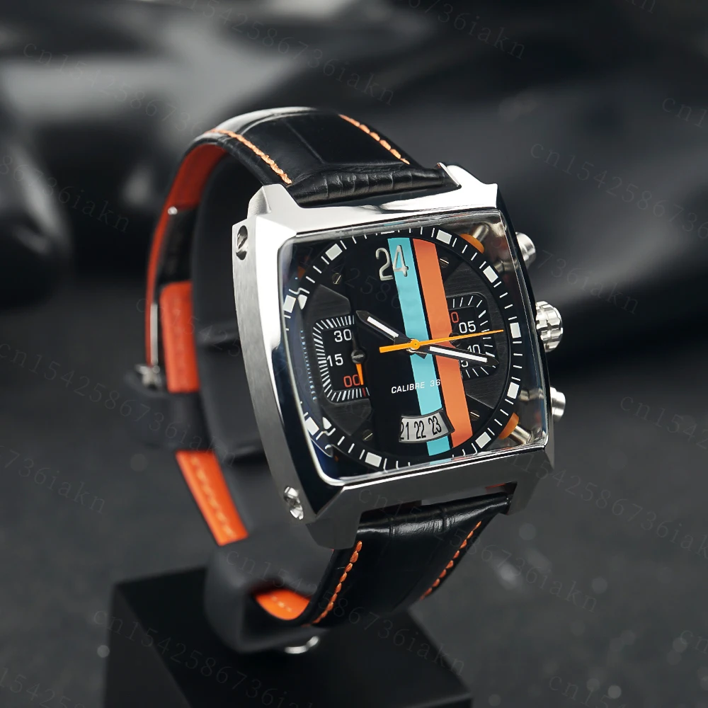 2022Fashion New Men's Color Bar Square Dial Sapphire Mirror Stainless Steel Leather Strap Sports Leisure Waterproof Quartz Watch