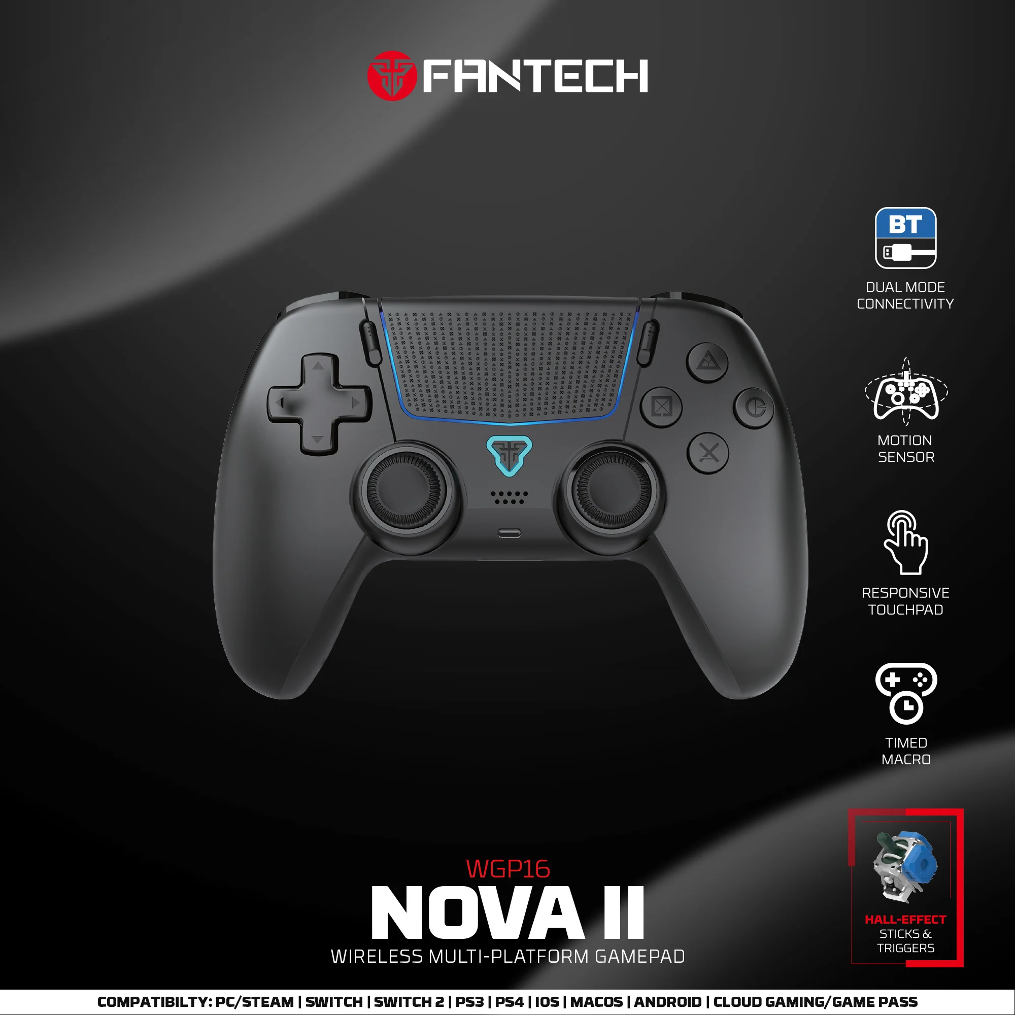Kontroler bezprzewodowy FANTECH NOVA II WGP16 z joystickami Halla i przyciskami efektów, wbudowany głośnik do PS4 NS2 Gamepad Kontroler przewodowy