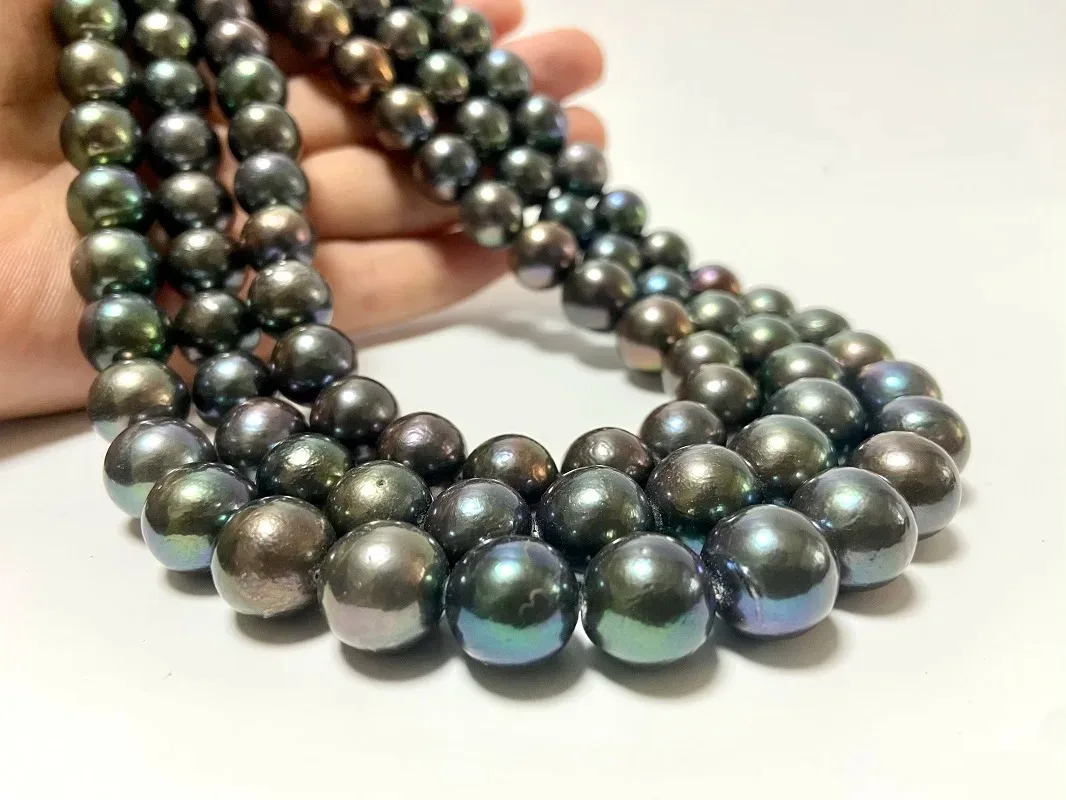 

Classic Pearls Necklace for Women 11-14mm Round Black Peacock Pearls Jewelry Bright Light Less Flaw (Free Clasp)