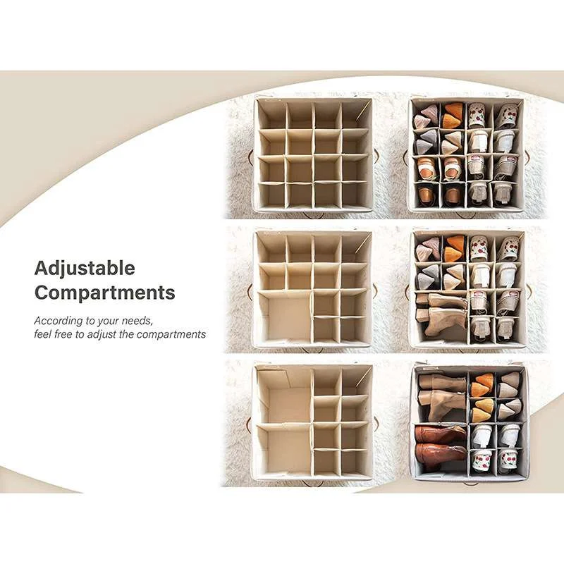 Foldable Shoe Organizer, Fabric Shoe Hanger with Cover, Adjustable Dividers for Shoe storage drawer Box Container Cube Box