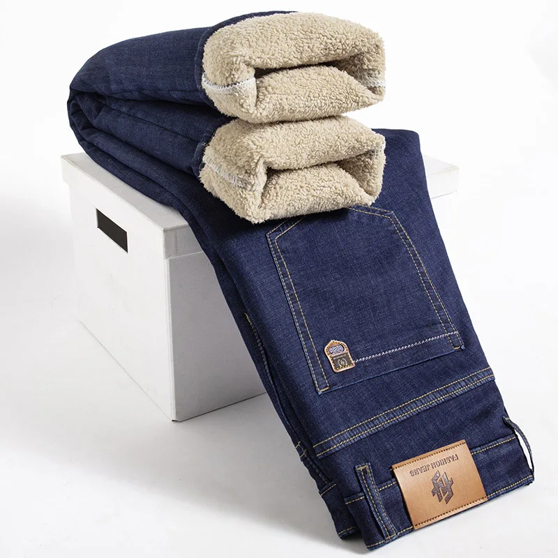 Winter Lamb Fluff Denim Straight Pants Men Thicken Big Size 40 Jeans High  Waist Stretch Jeansy Fleece Lined Warm Slim Vaqueros - AliExpress