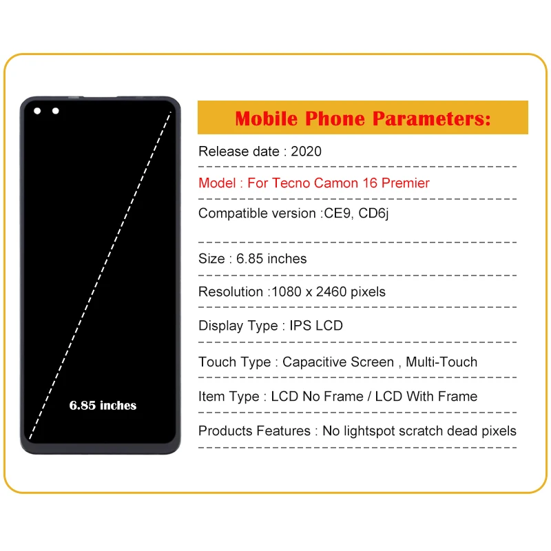 Nuovo LCD originale per Tecno Camon 16 Premier CE9 Display LCD Touch Screen Digitizer Assembly per la sostituzione dello schermo LCD CE9 CD6J