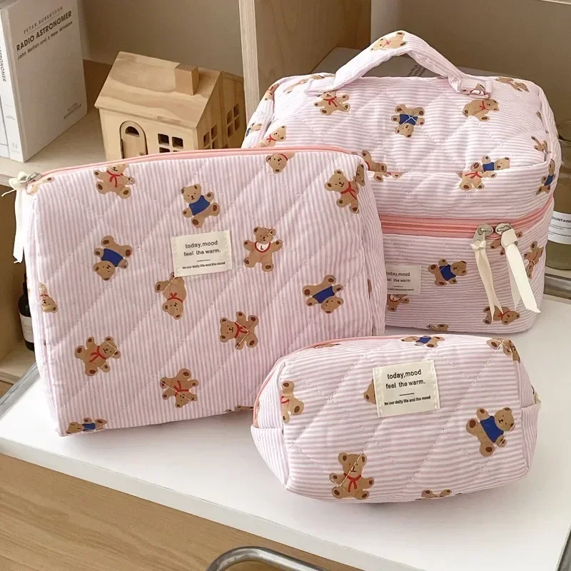 Cute Bear Flower Quilting Cotton Makeup Bag Women Zipper Cosmetic Organizer Female Cloth Handbag Toiletry Case for Girls 3