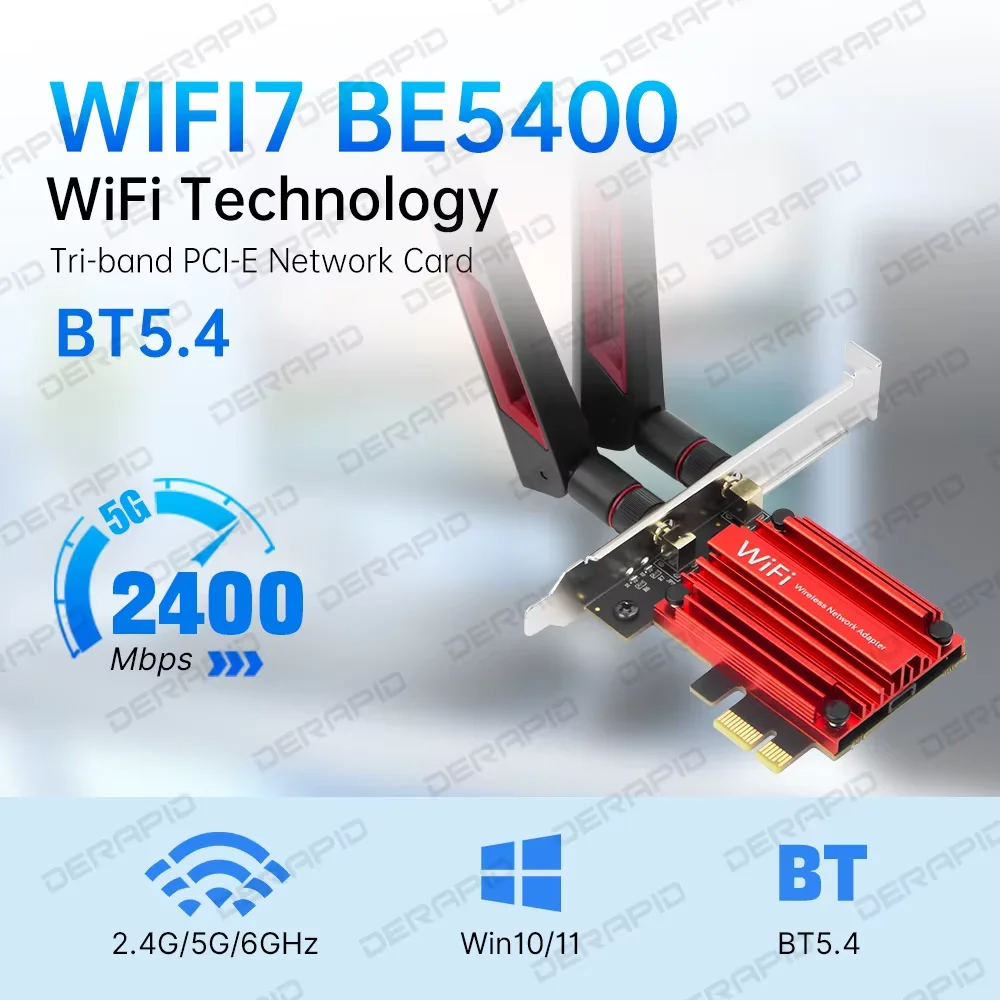 WiFi 7 BE6500 PCIe 네트워크 카드 MT7925 칩 블루투스 5.4 6500Mbps 고출력 안테나 무선 어댑터 (데스크탑 PC용, 윈도우 10/11)