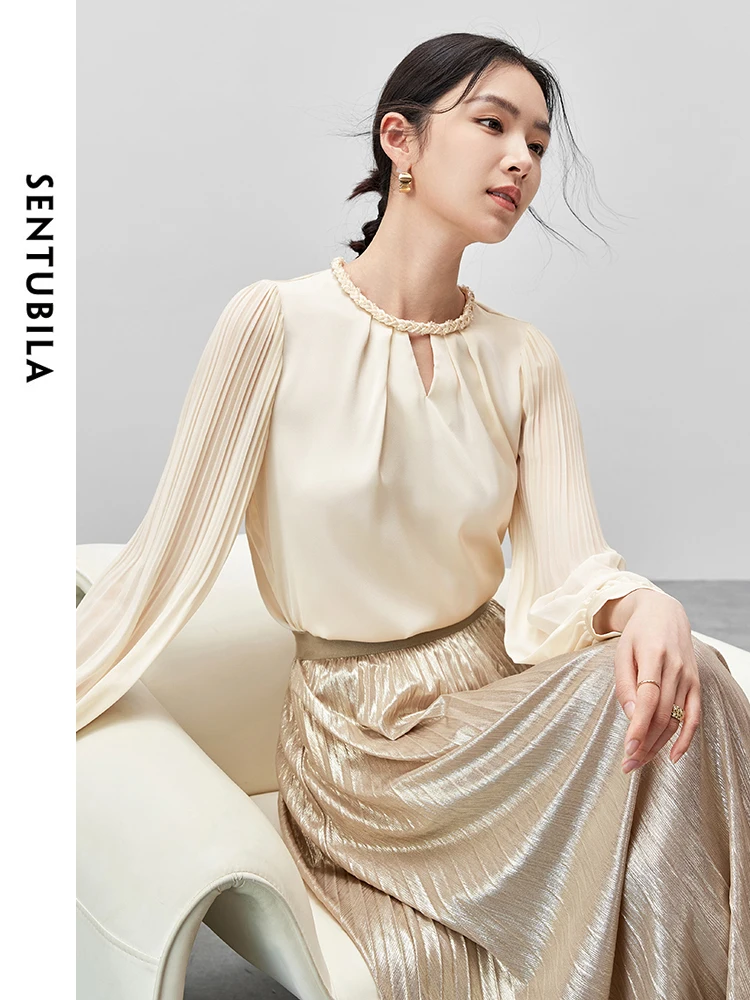 SENTUBILA Women French Hollow Out Blouse Autumn Chiffon Straight Woven O Neck Lantern Sleeve Tops 143V56037