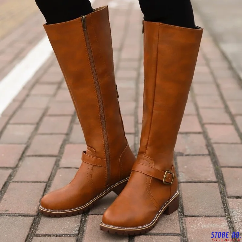 

2023 Winter Zipper Knight Boots Fashion Round Toe Mid Leather Boots Female Solid Color Chunky Heels Boots 43 Botas Mujer