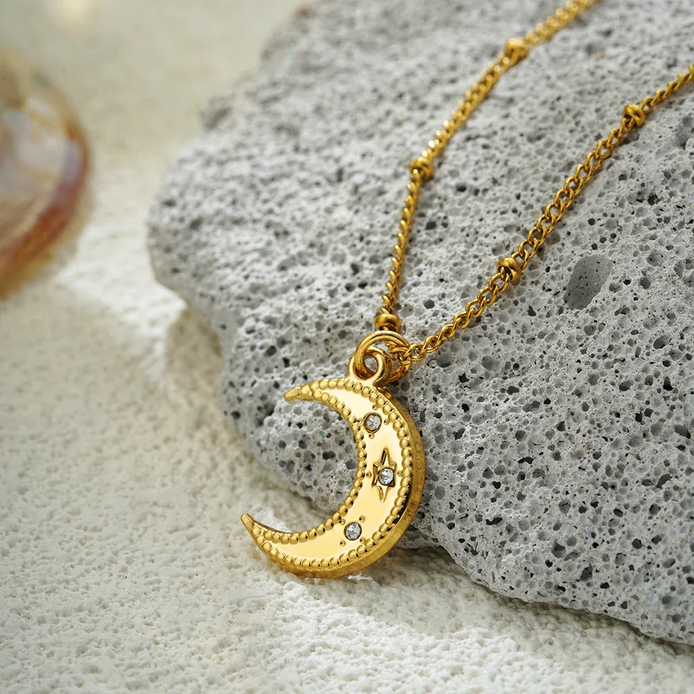Exquisite Minimalist Mini Waterdrop Zircon Moon Necklace Women Chunky Square Small Pendant Round Bead Chain Gold Color Jewelry