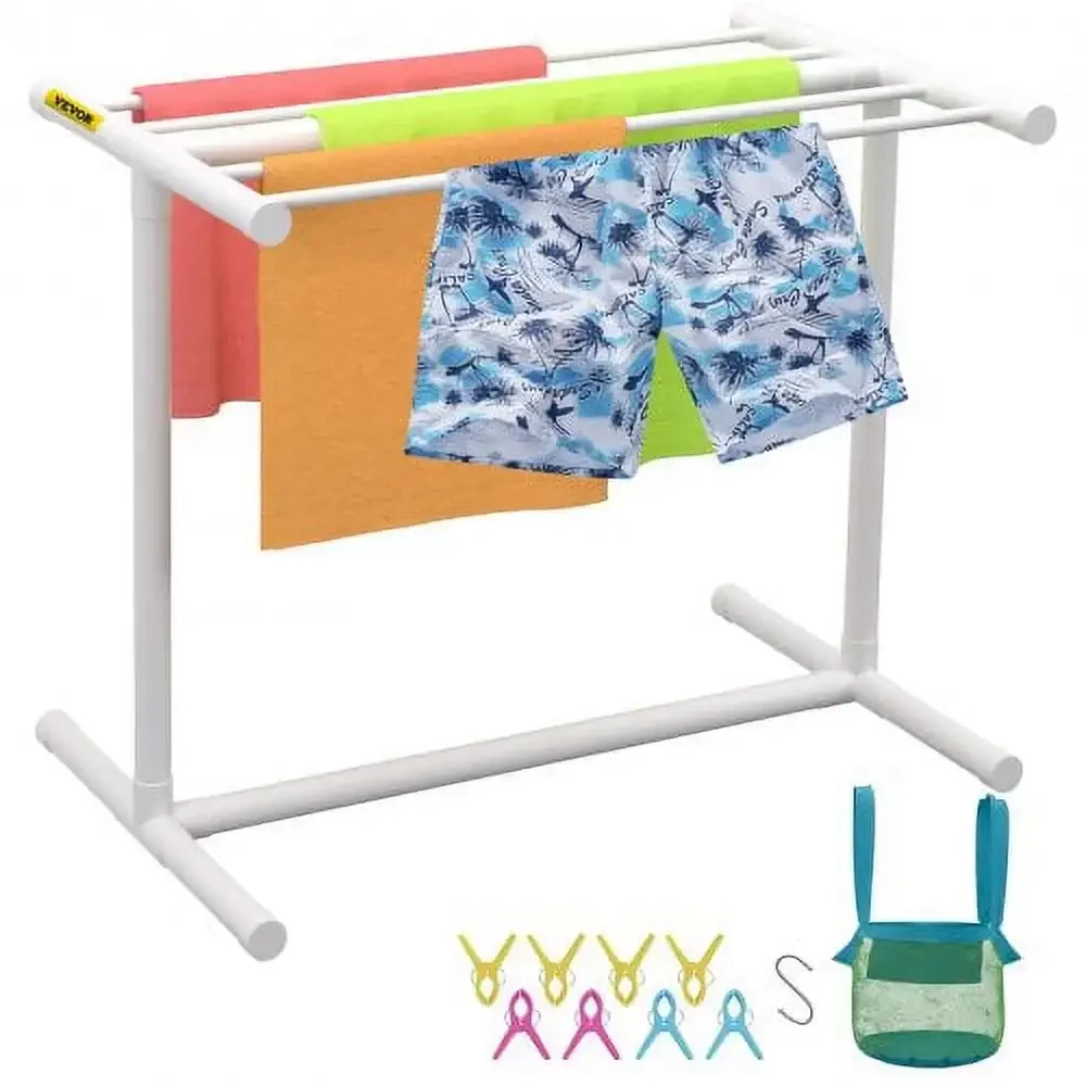 Pool Towel Rack, PVC T-Shape Poolside Storage Organizer, Include 8 Towel Clips, Mesh Bag, Hook, Stores Floats and Paddles