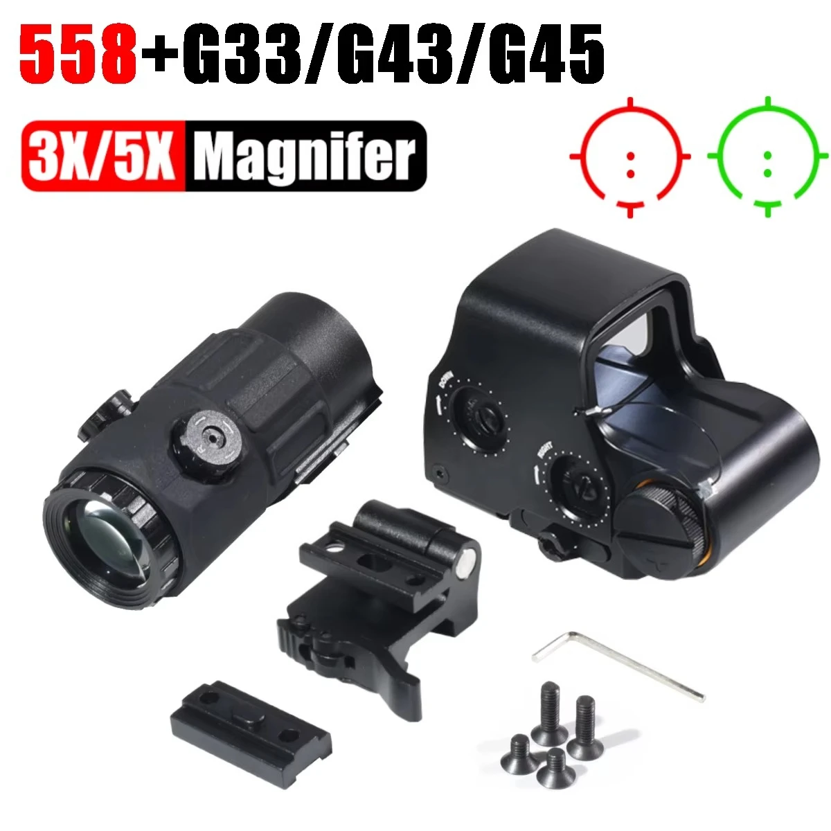 Eot-h Holographic Collimator 558 Red Dot Sight G43/G33/G45 3X 5X Magnifier Airsoft Hunting Gear w/ 20mm Rail Mounts & Lever