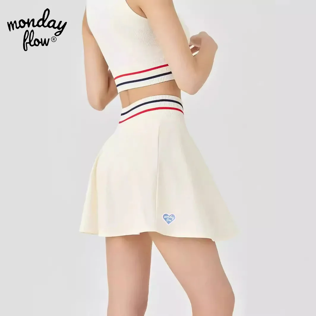 Monday Flow Fitness Golf A-line Skirt Striped Breathable Short Skirt Golf Skirts Sleeveless Tops Fashion Sets Clothes
