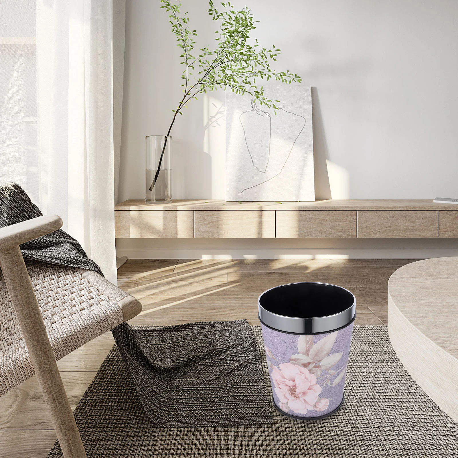 

Trash Can Retro Style Decorative Trash Can 5L Waste Paper Basket Pressing Ring Flower Print Paper Bucket Garbage Can Waste