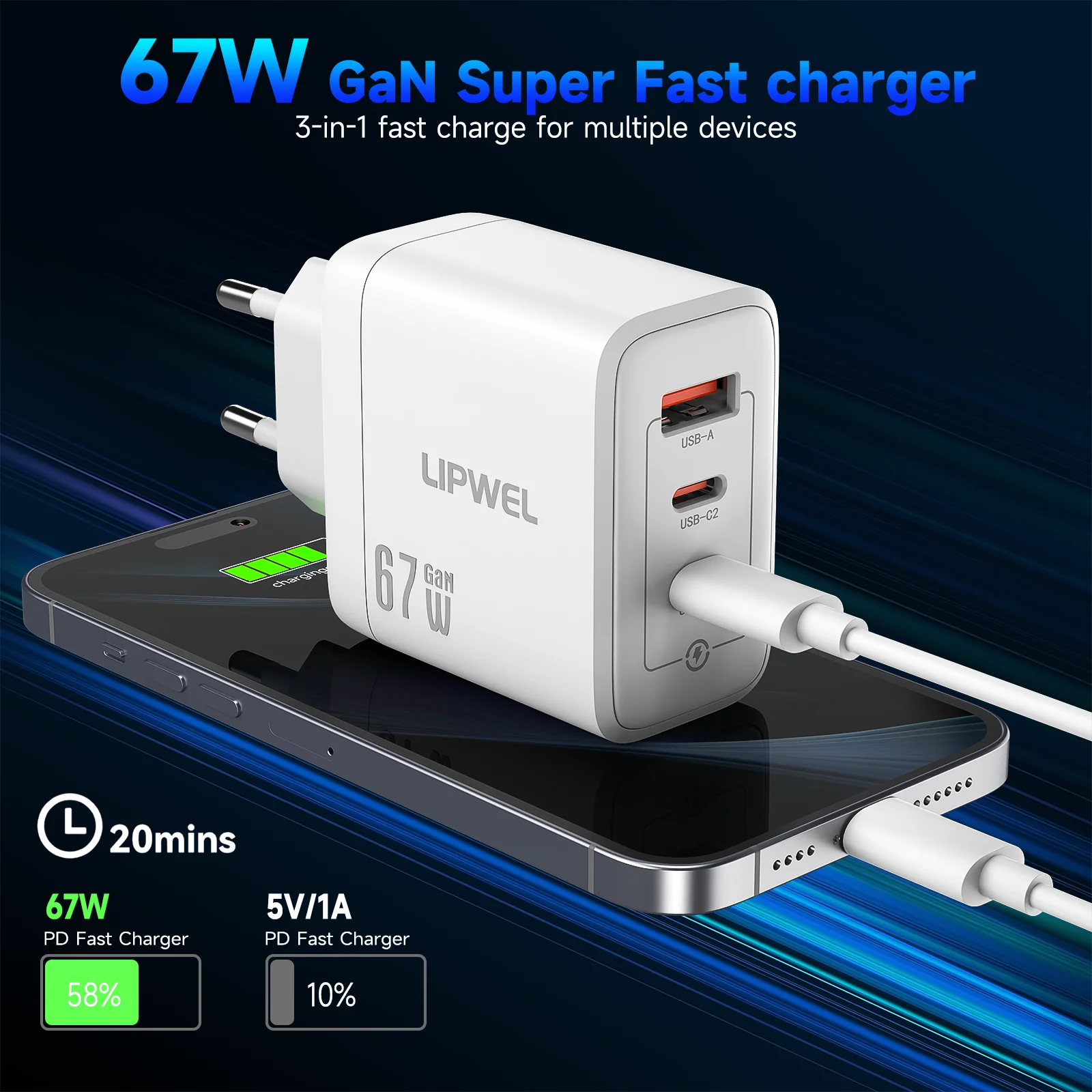 High-Speed GaN Wall Charger with Smart Power Distribution - EU Plug for Home, Office, and Travel