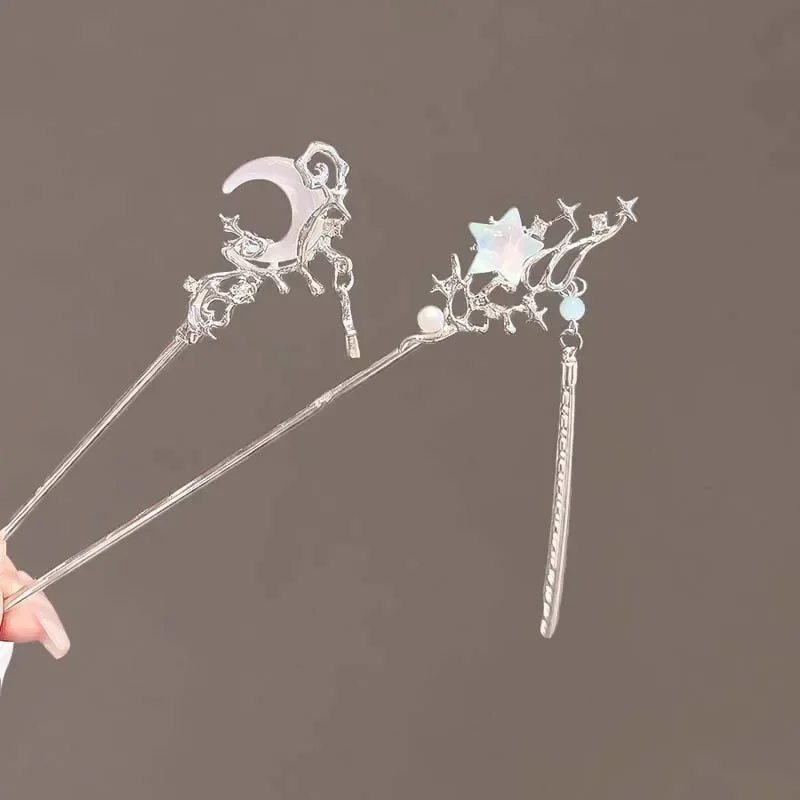 Hair Accessory Pearl Hairpins Hair Stick Hair Clip Hair Headdress Jewelry Accessories Bridal Headwear Hair Band Crown Hair Comb Moonlight Stone Chinese Star Moon Hairpin Women Woven Personality Headpiece
