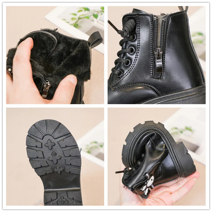 Girls Leather Ankle Boots Winter Kids Non Slip Cartoon Lining
