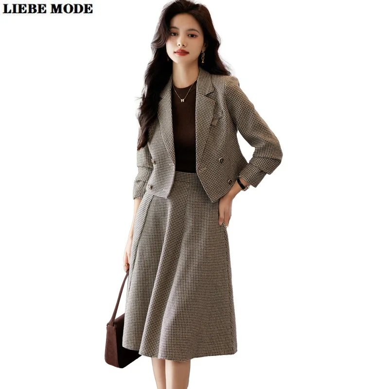 

Elegant Ladies Formal Skirt Suit Women Red Blue Brown Plaid Long Sleeve Female Two Piece Blazer Set for Business Work Wear