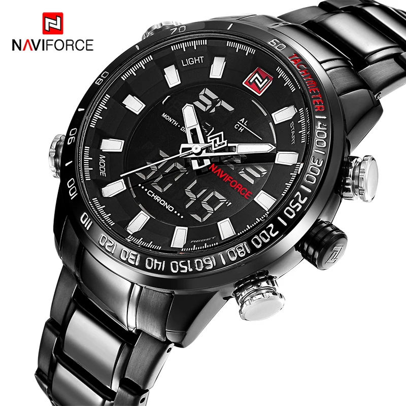 NAVIFORCE Brand Men Military Fashion Wristwatches Steel Quartz Dual Display Watches Waterproof LED Clock Relogio Masculino