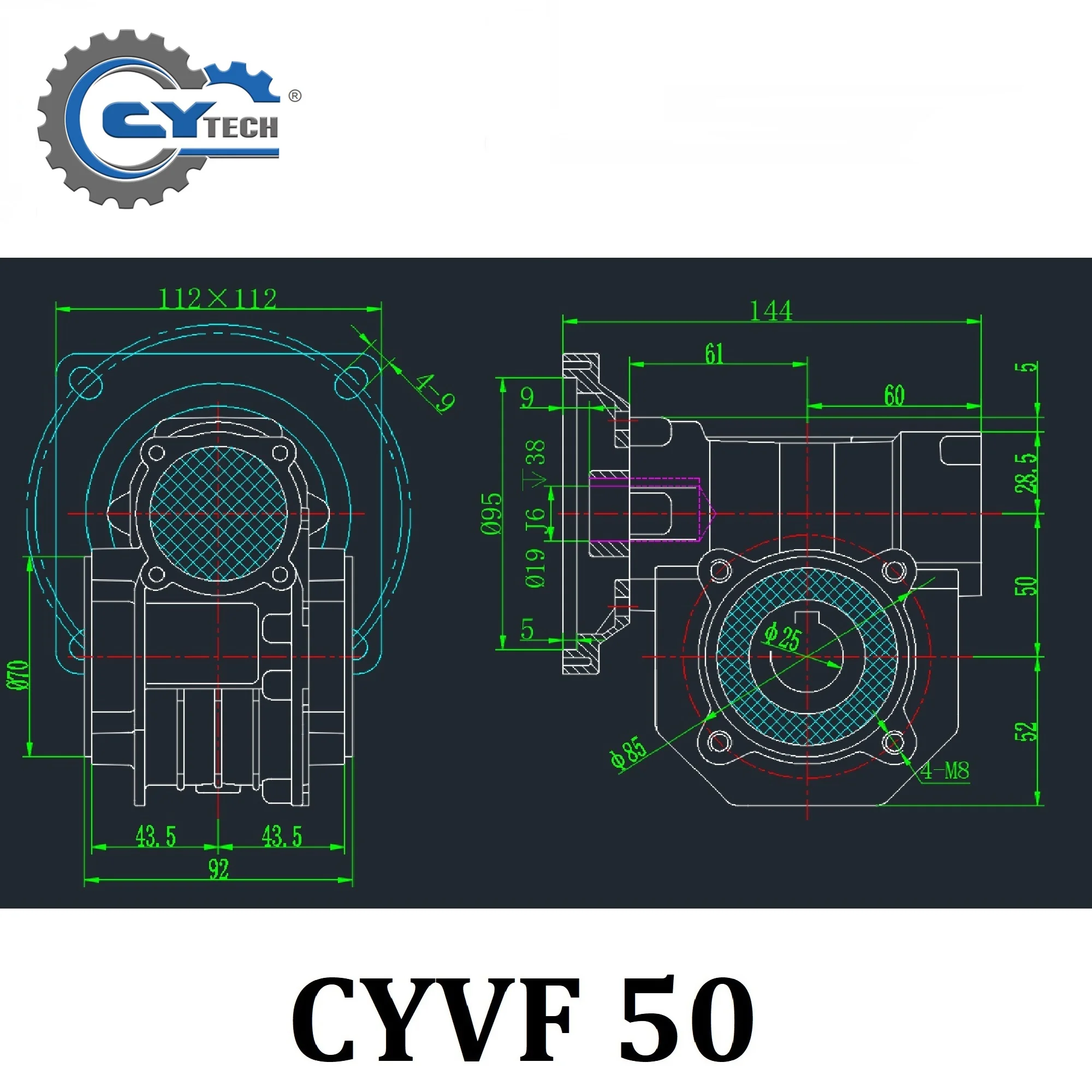 웜 기어박스 웜 기어 감속기 CYVF50 비율 5:1-100:1 출력 구멍 25mm 입력 11/14/19mm TIN 청동 웜 기어 유지보수가 필요 없음